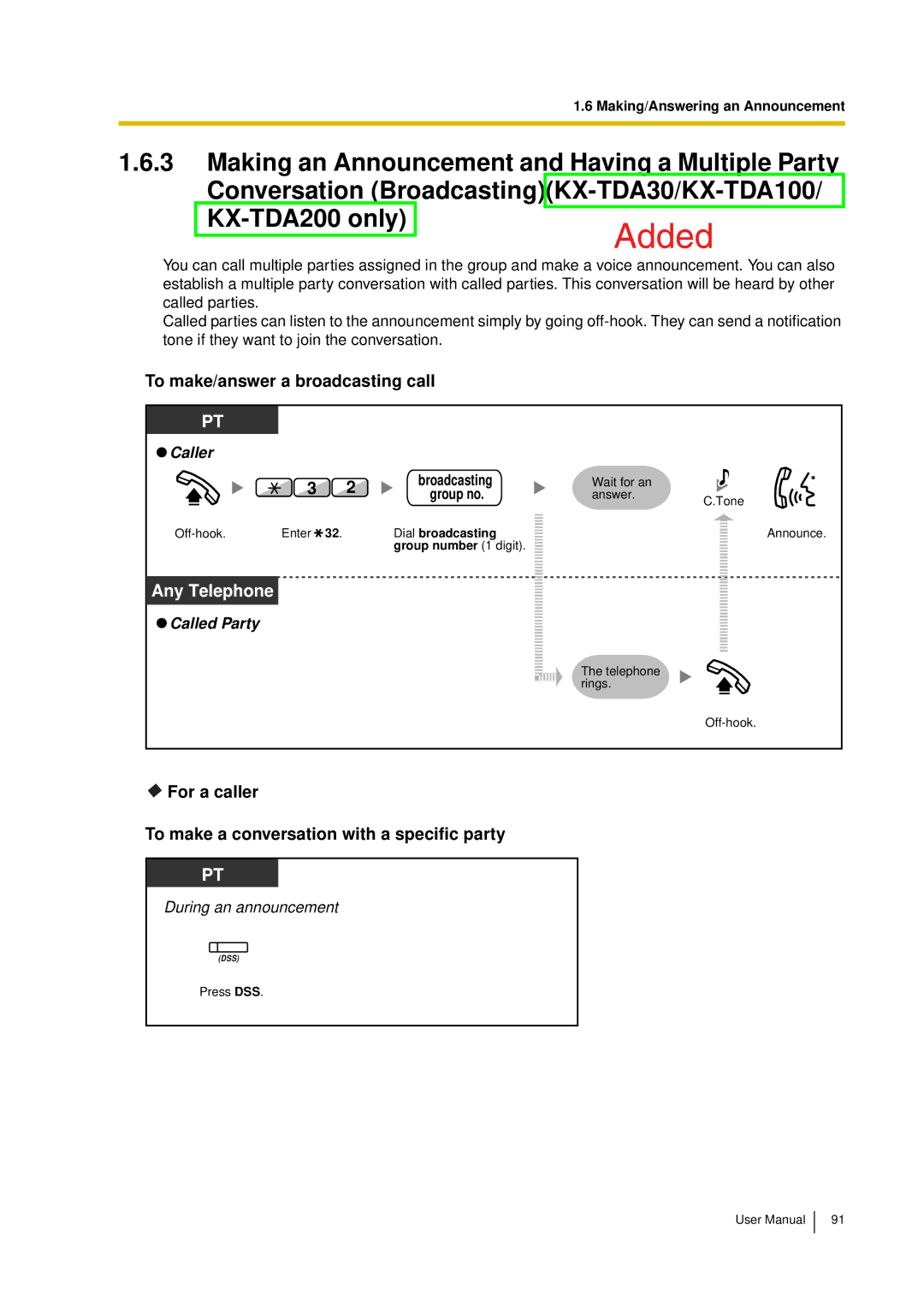 Panasonic KX-TDA15 To make/answer a broadcasting call, For a caller To make a conversation with a specific party 