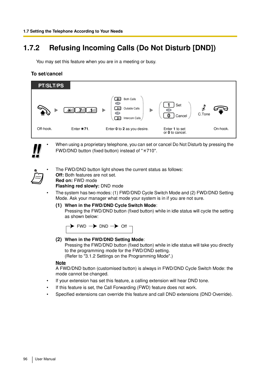 Panasonic KX-TDA15 user manual Refusing Incoming Calls Do Not Disturb DND, Red on FWD mode Flashing red slowly DND mode 