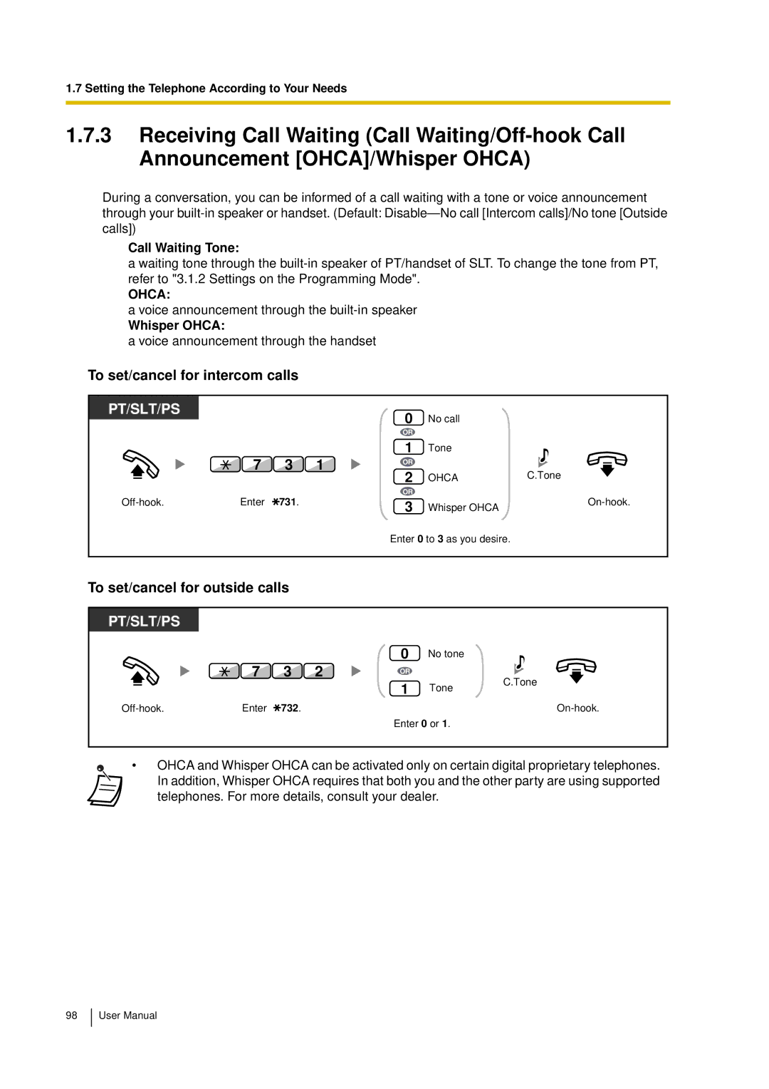 Panasonic KX-TDA15 To set/cancel for intercom calls, To set/cancel for outside calls, Call Waiting Tone, Whisper Ohca 