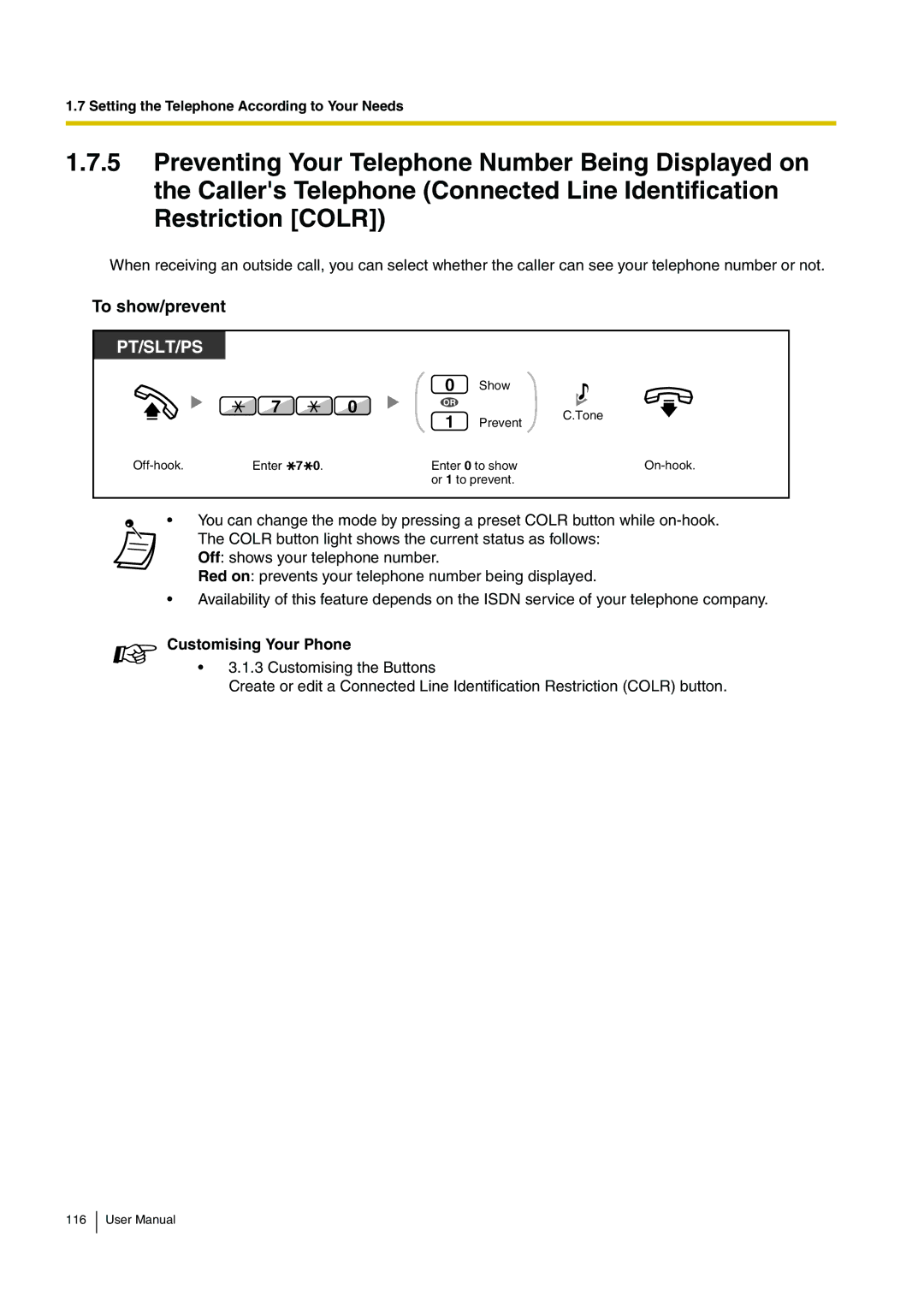 Panasonic KX-TDA15 user manual To show/prevent, Customising Your Phone 