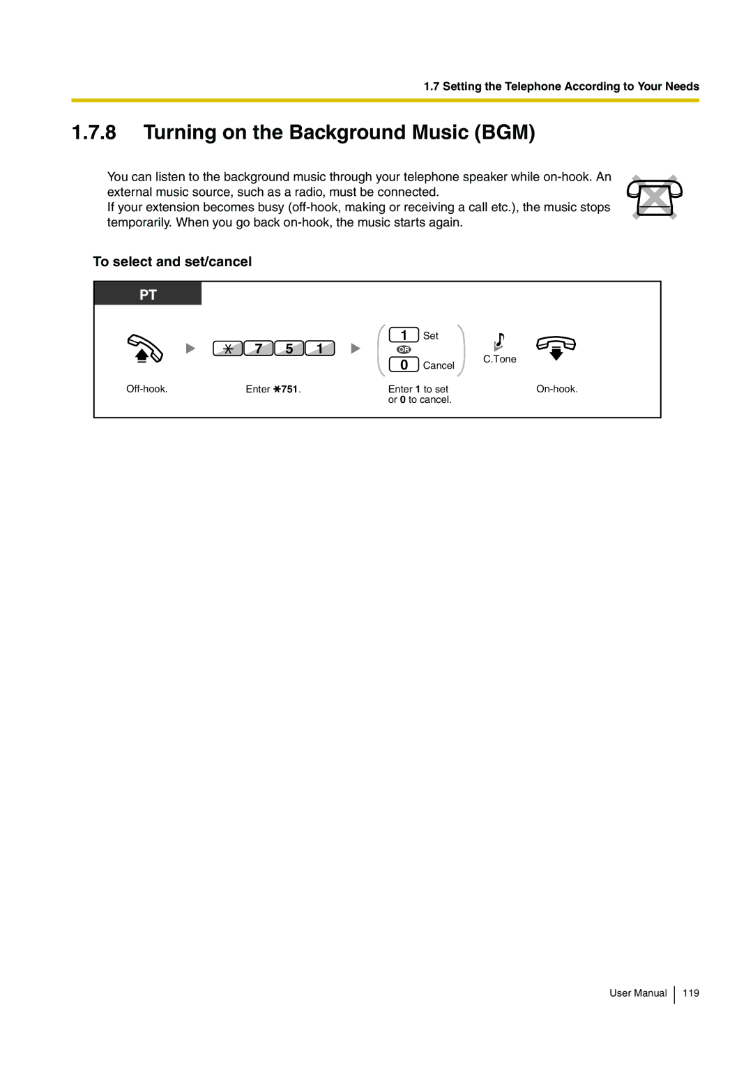 Panasonic KX-TDA15 user manual Turning on the Background Music BGM, To select and set/cancel, 751 