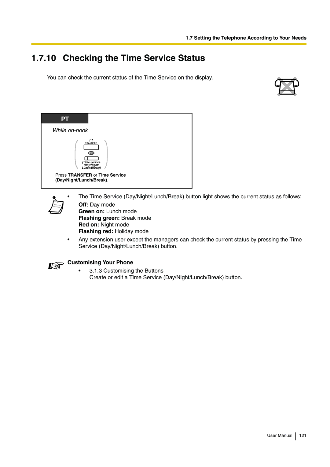 Panasonic KX-TDA15 user manual Checking the Time Service Status, Green on Lunch mode Flashing green Break mode 