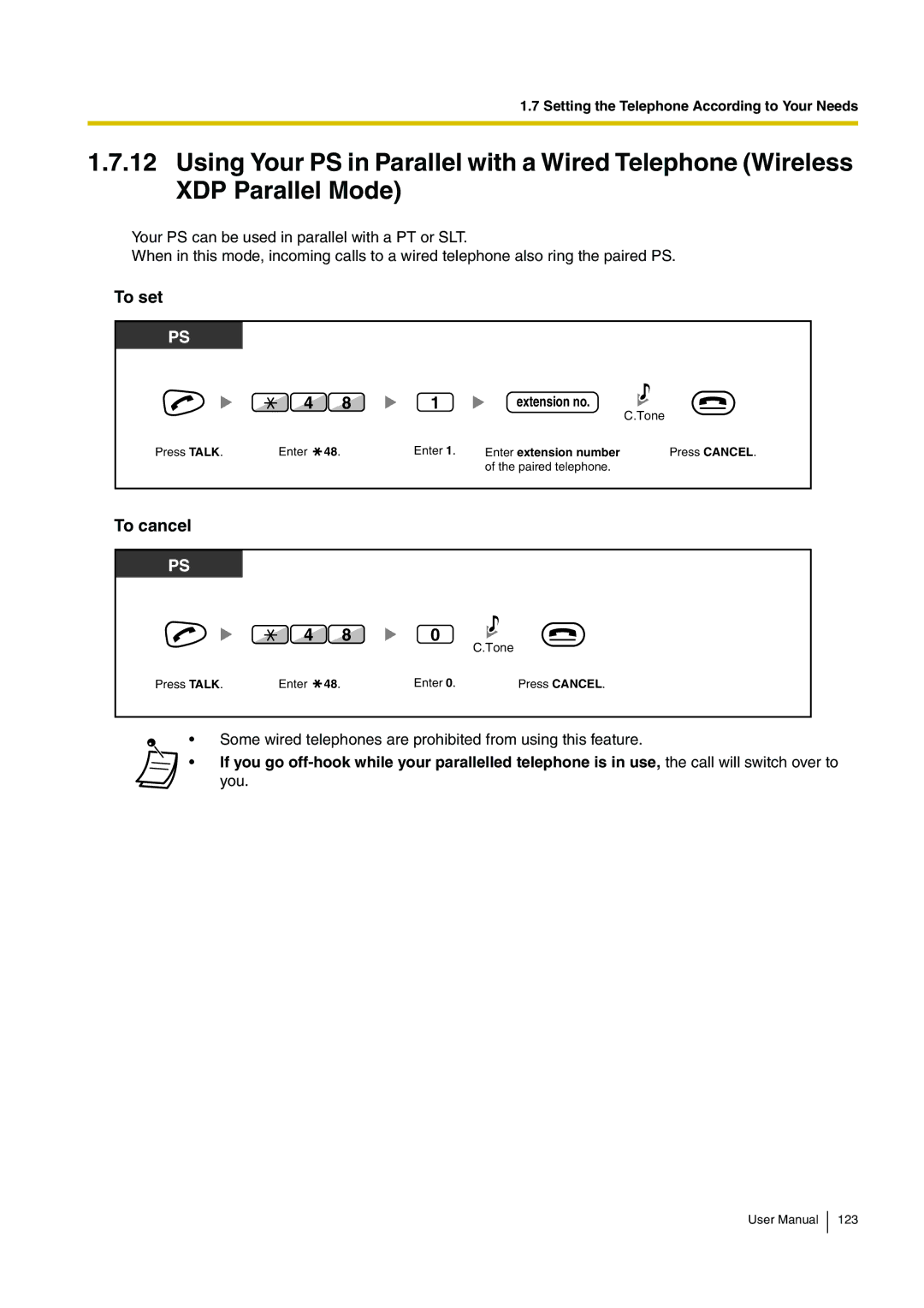 Panasonic KX-TDA15 user manual Some wired telephones are prohibited from using this feature 