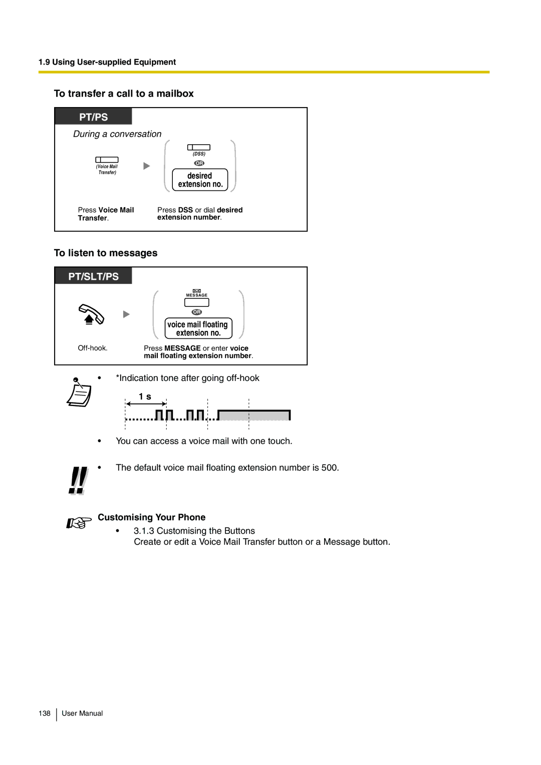 Panasonic KX-TDA15 To transfer a call to a mailbox, To listen to messages, Press Voice Mail, Transfer Extension number 