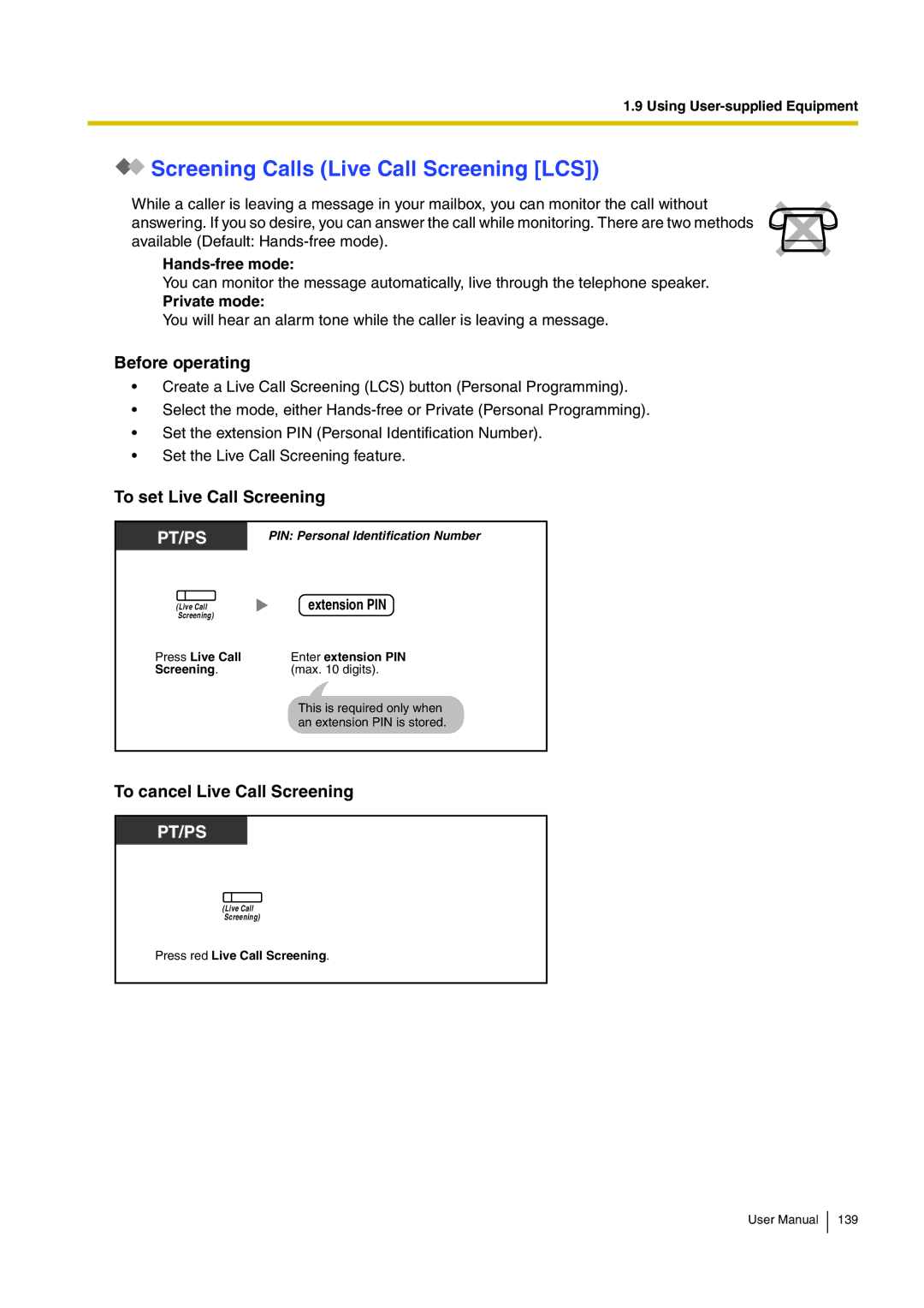 Panasonic KX-TDA15 user manual Screening Calls Live Call Screening LCS, Before operating, To set Live Call Screening 