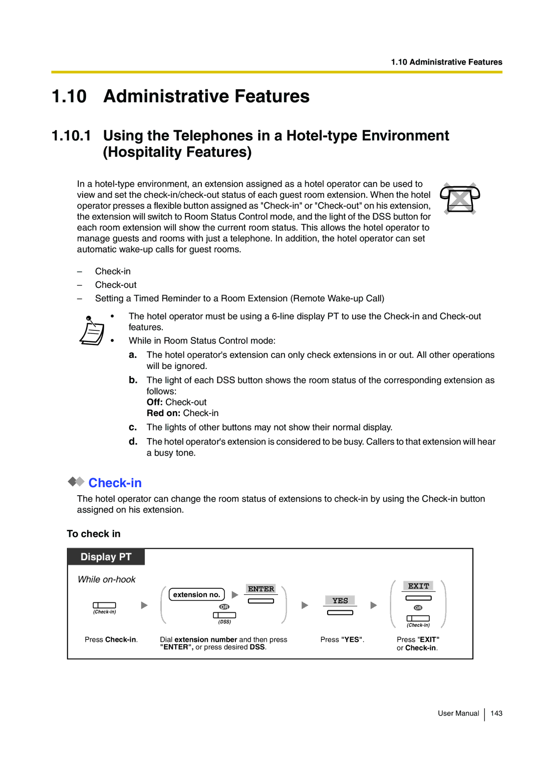 Panasonic KX-TDA15 user manual Administrative Features, To check, Red on Check-in, Press Check-in 