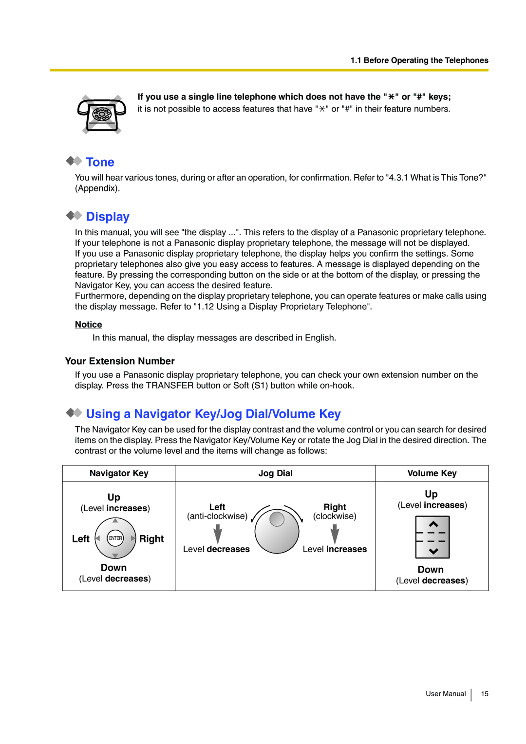 Panasonic KX-TDA15 user manual Tone, Display, Using a Navigator Key/Jog Dial/Volume Key 