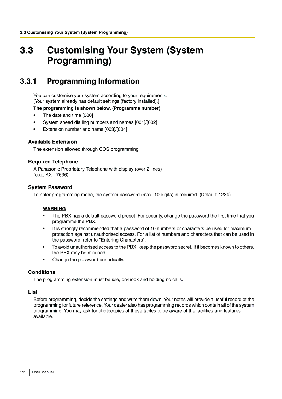 Panasonic KX-TDA15 user manual Customising Your System System Programming, System Password, List 