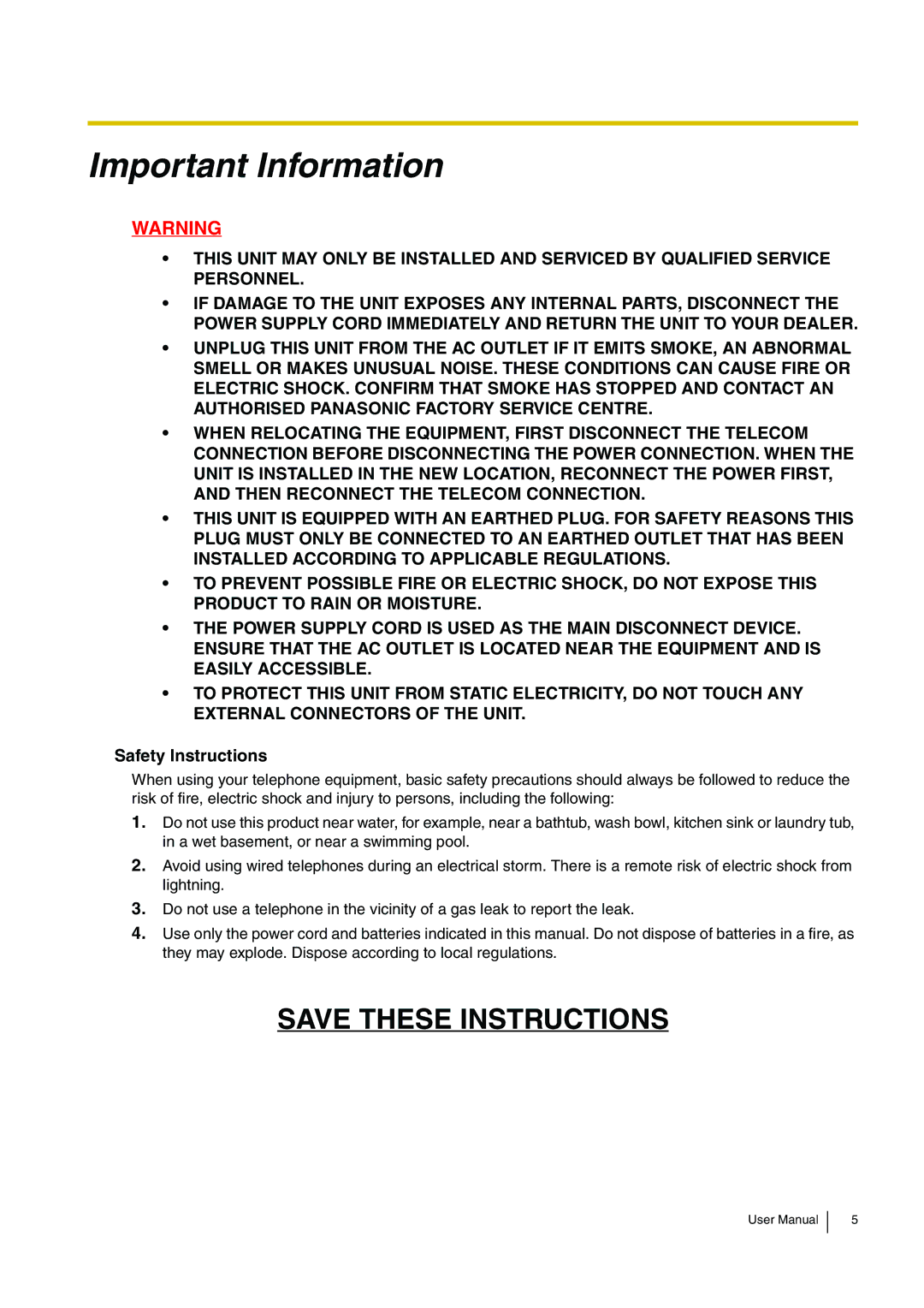 Panasonic KX-TDA15 user manual Important Information, Safety Instructions 