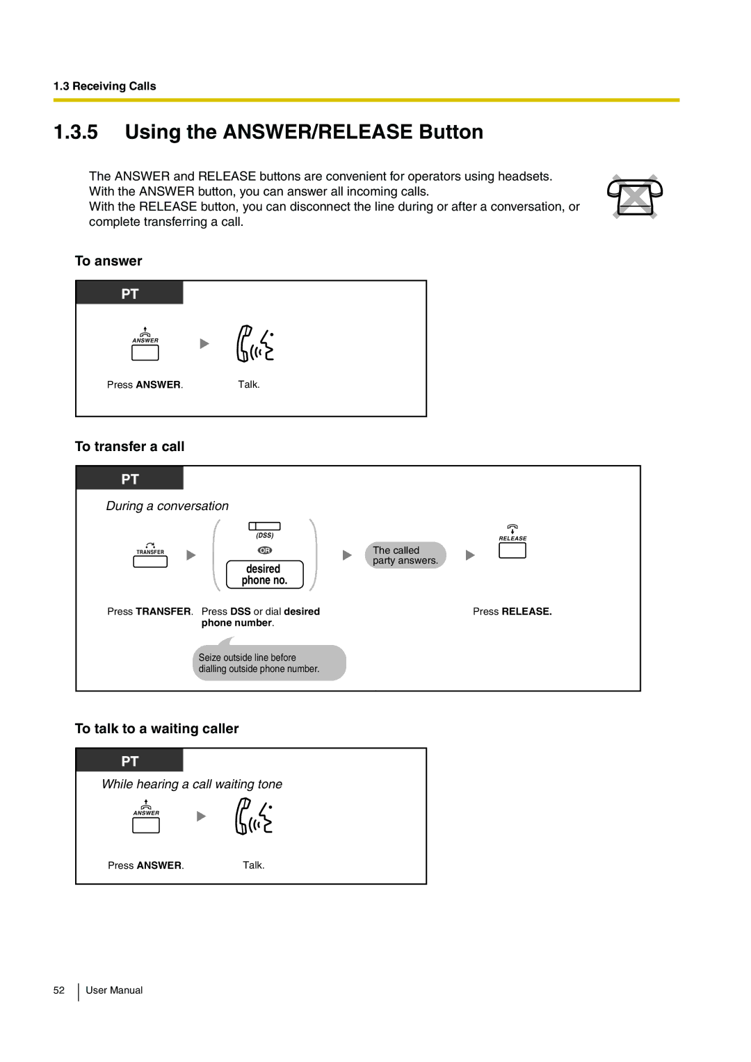 Panasonic KX-TDA15 user manual Using the ANSWER/RELEASE Button, To answer, To transfer a call, To talk to a waiting caller 