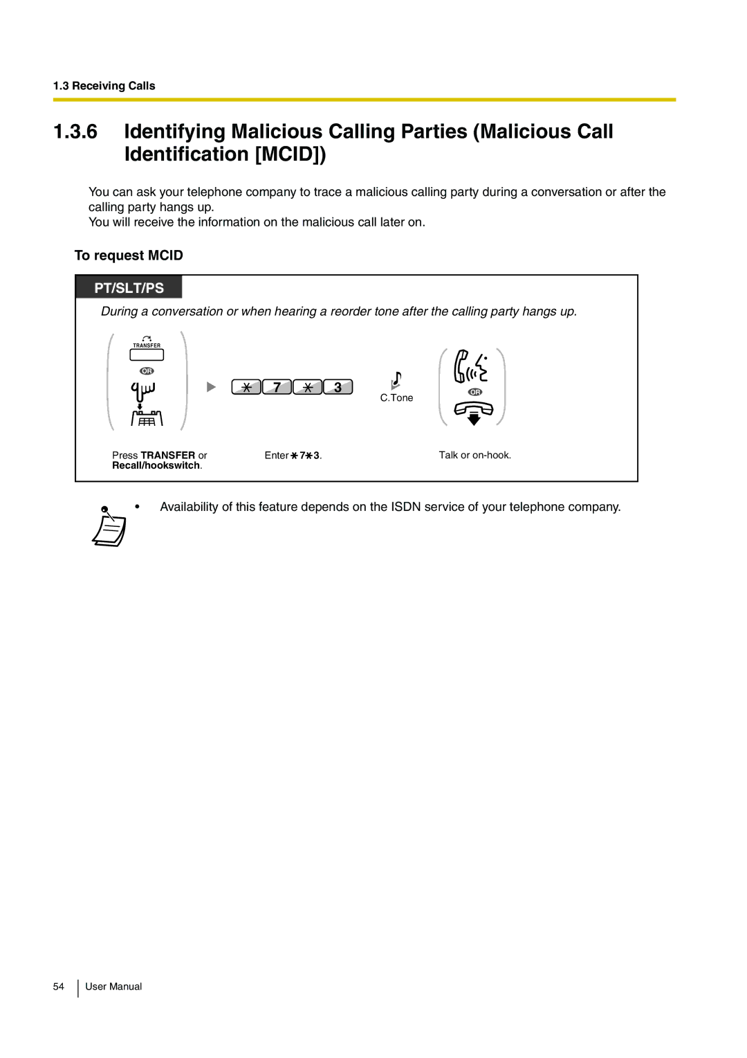 Panasonic KX-TDA15 user manual To request Mcid, Press Transfer or, Recall/hookswitch 