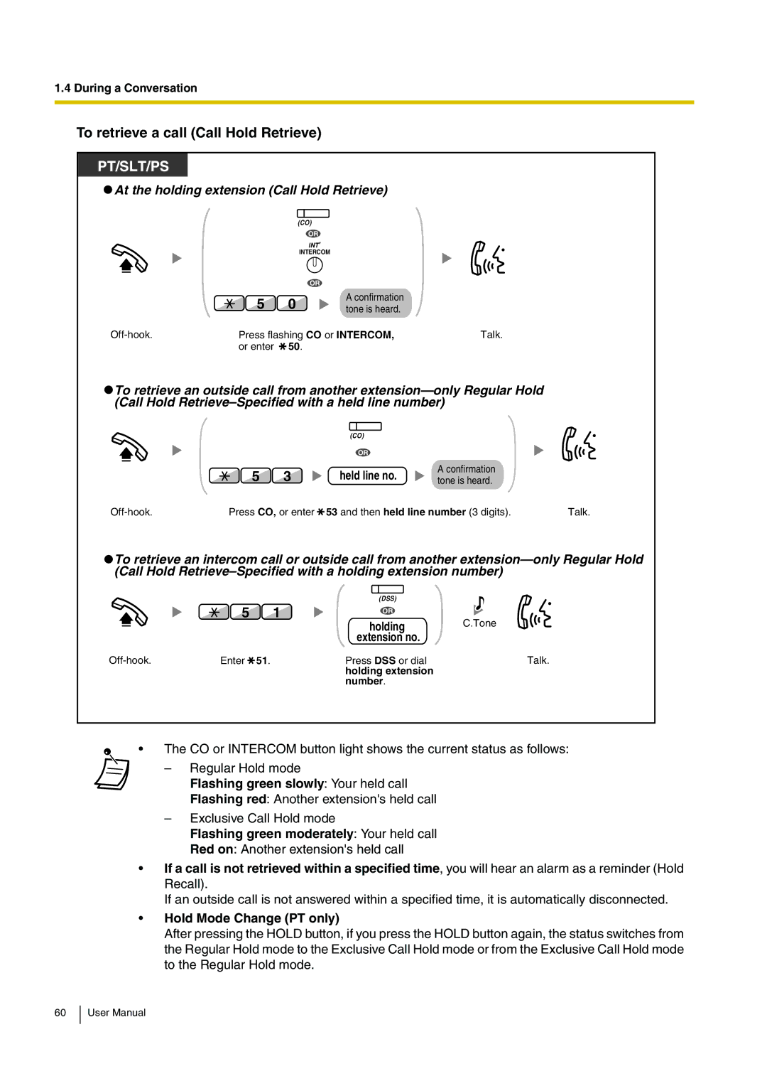 Panasonic KX-TDA15 user manual To retrieve a call Call Hold Retrieve, Held line no, Flashing green slowly Your held call 