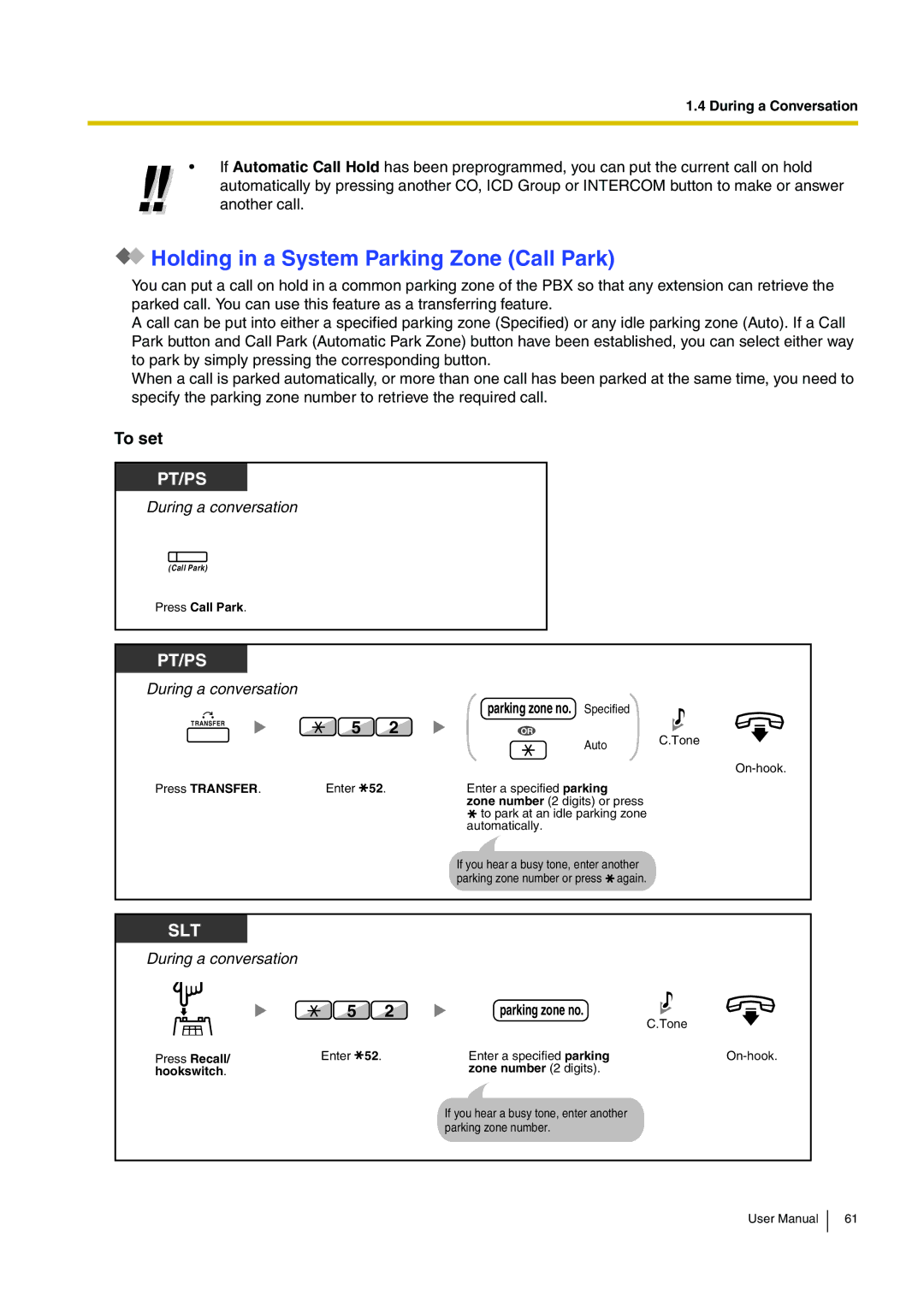 Panasonic KX-TDA15 user manual Holding in a System Parking Zone Call Park, To set, Parking zone no. Specified 