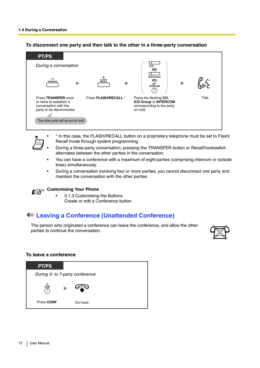 Panasonic KX-TDA15 user manual Leaving a Conference Unattended Conference, To leave a conference, Press FLASH/RECALL 