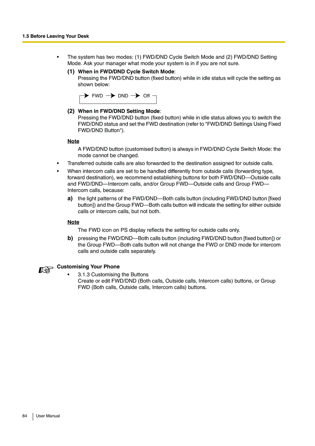 Panasonic KX-TDA15 user manual When in FWD/DND Cycle Switch Mode, When in FWD/DND Setting Mode 