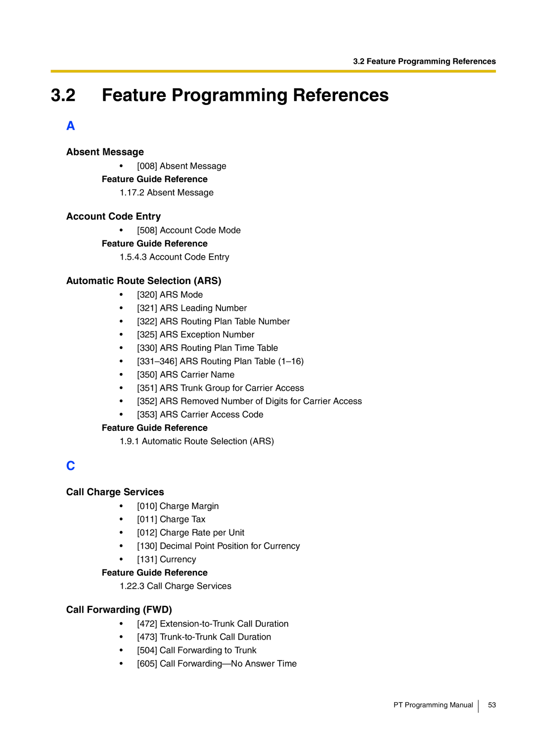 Panasonic KX-TDA15 manual Absent Message, Account Code Entry, Automatic Route Selection ARS, Call Charge Services 