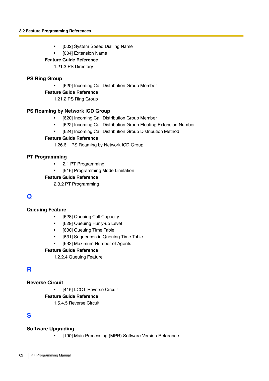 Panasonic KX-TDA15 PS Ring Group, PS Roaming by Network ICD Group, Queuing Feature, Reverse Circuit, Software Upgrading 