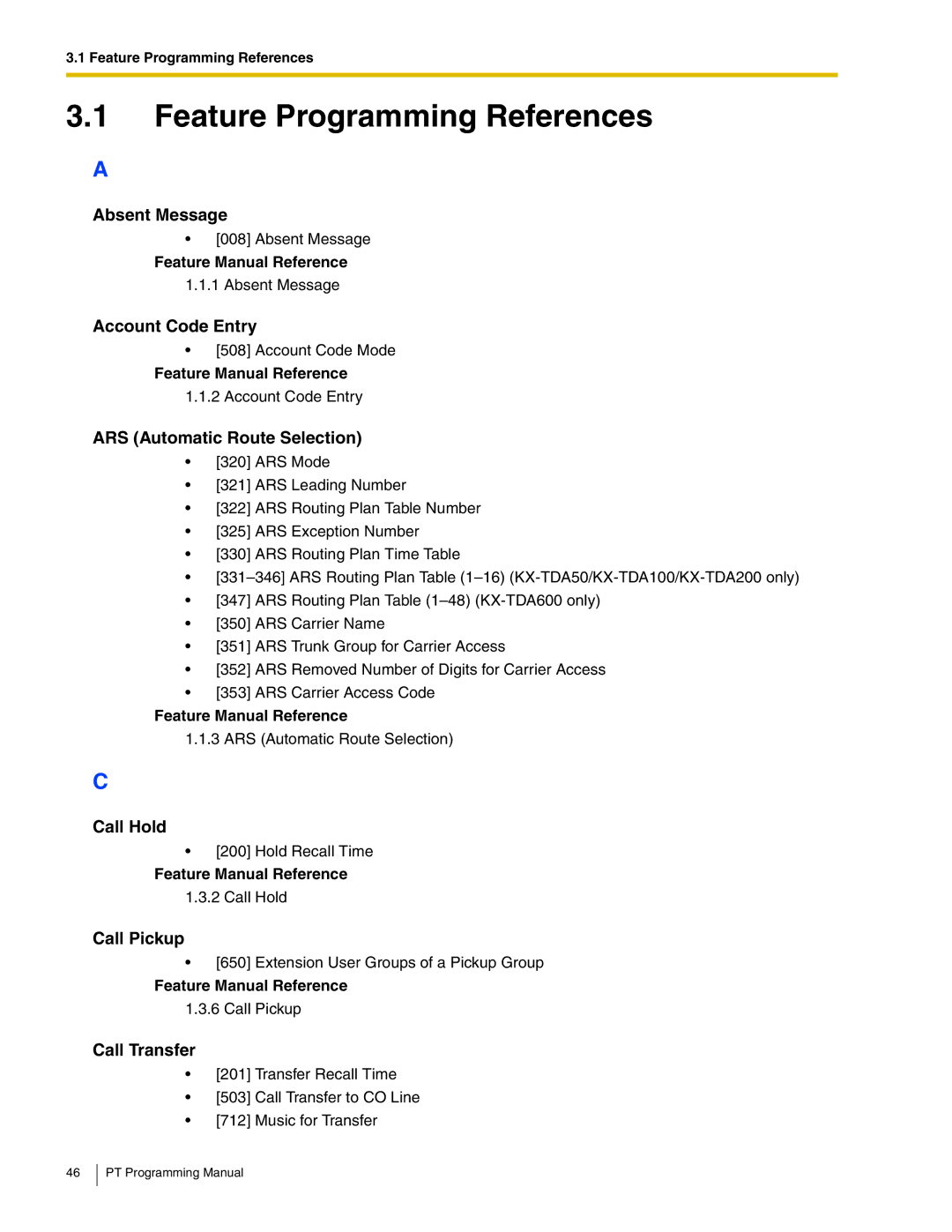 Panasonic KX-TDA50, KX-TDA200 Absent Message, Account Code Entry, ARS Automatic Route Selection, Call Hold, Call Pickup 