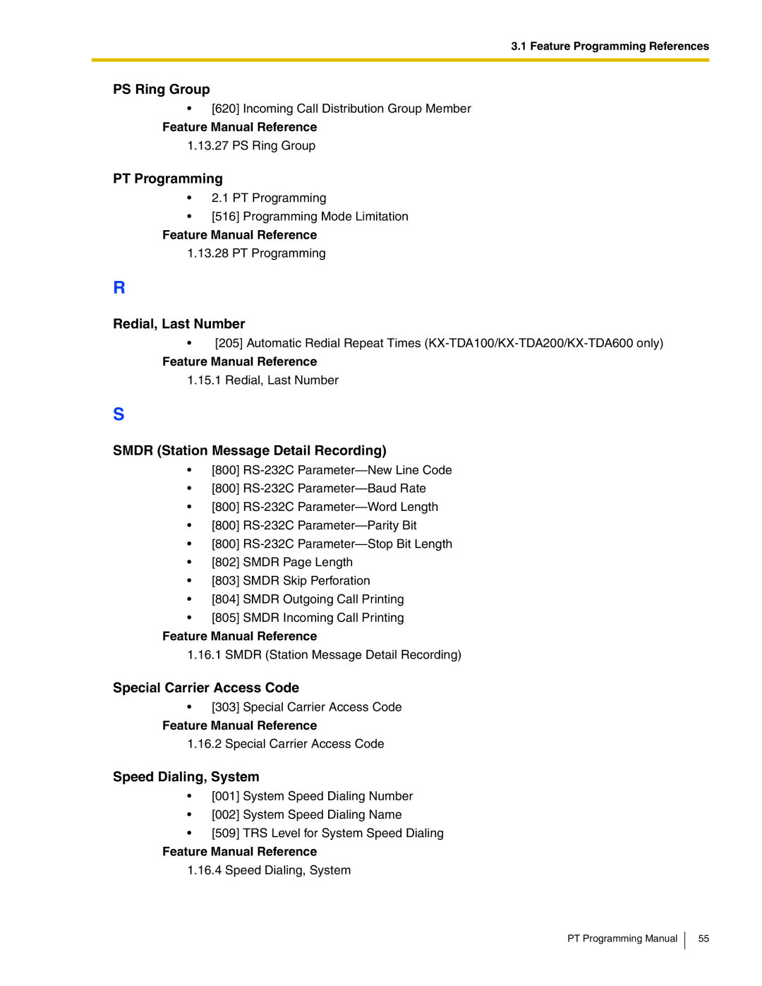 Panasonic KX-TDA600 PS Ring Group, Redial, Last Number, Smdr Station Message Detail Recording, Special Carrier Access Code 