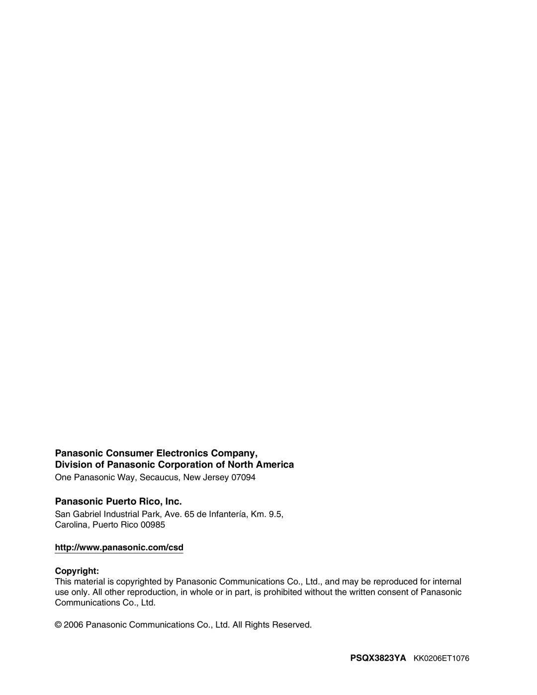 Panasonic KX-TDA50, KX-TDA200, KX-TDA100, KX-TDA600 manual Panasonic Puerto Rico, Inc 