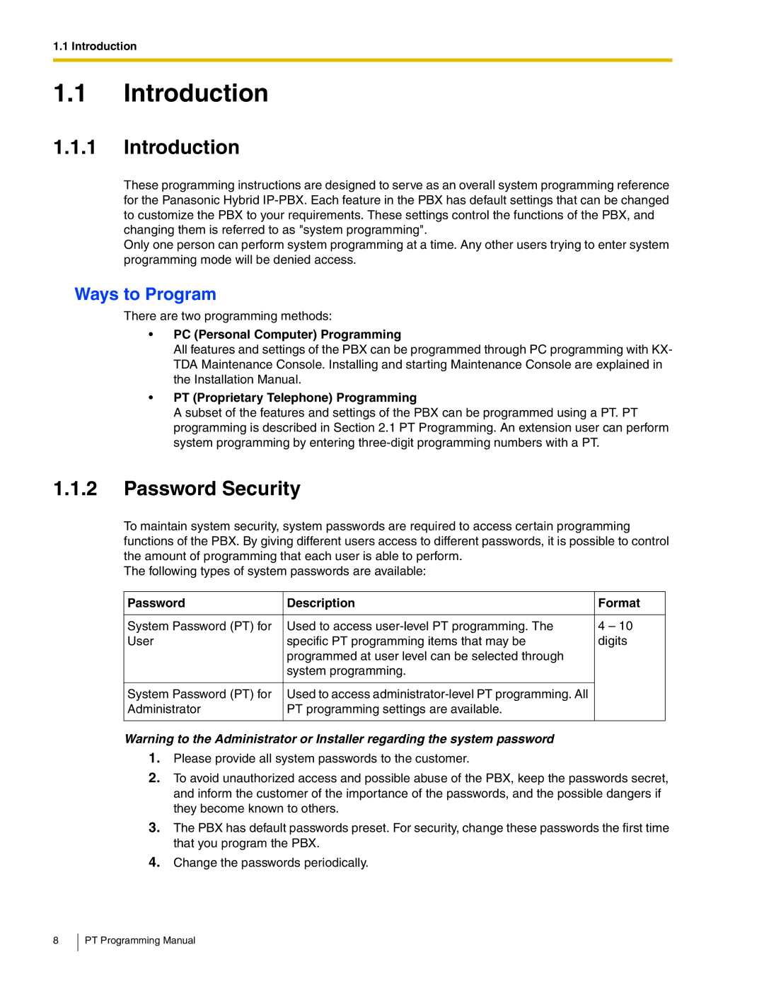 Panasonic KX-TDA200, KX-TDA100, KX-TDA50, KX-TDA600 manual Introduction, Password Security, Ways to Program 