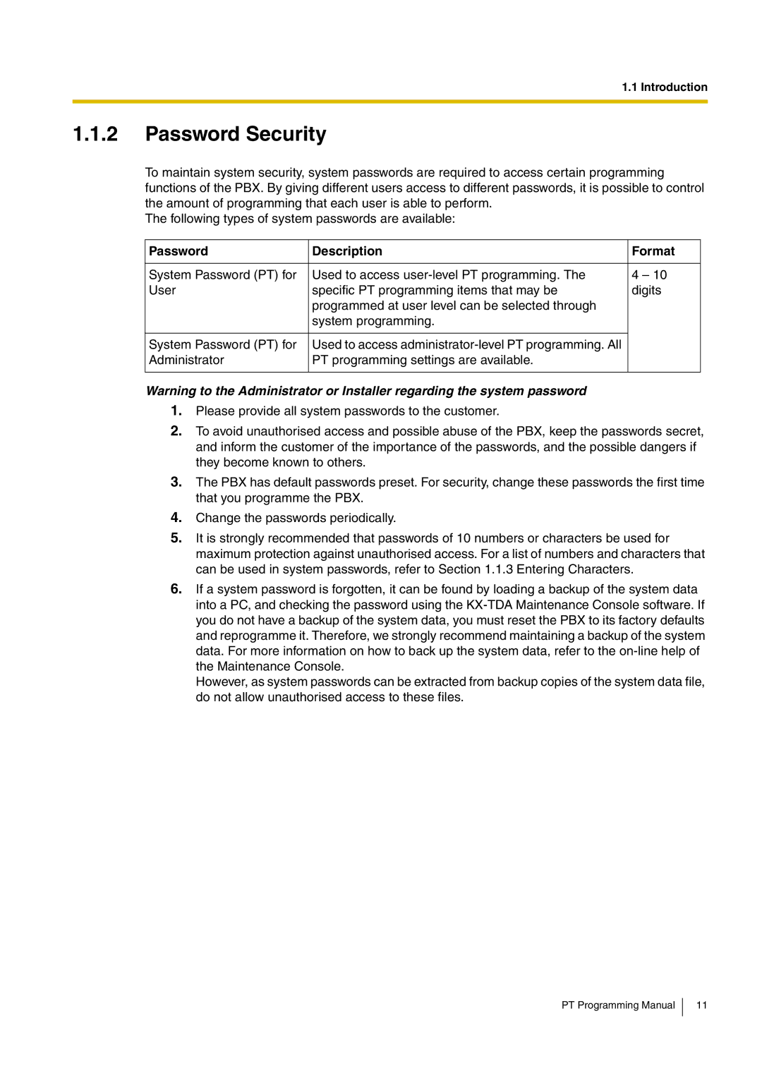 Panasonic KX-TDA200 manual Password Security, Password Description Format 