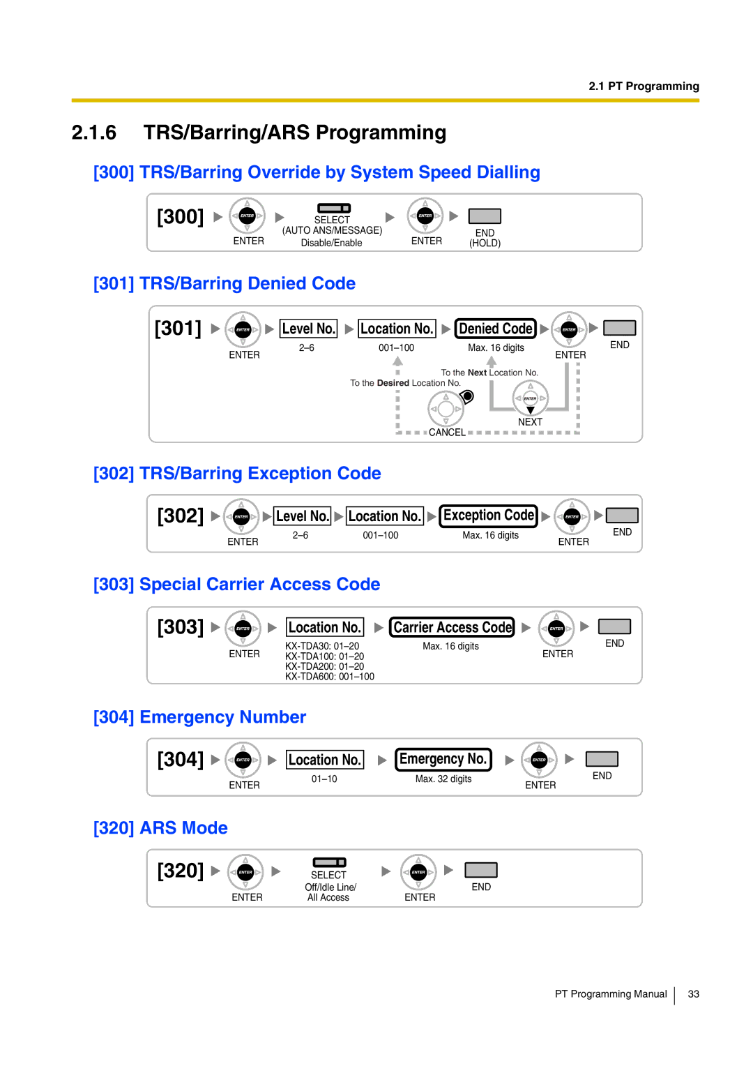 Panasonic KX-TDA200 manual 303, Emergency Number, ARS Mode, Location No Carrier Access Code, Emergency No 