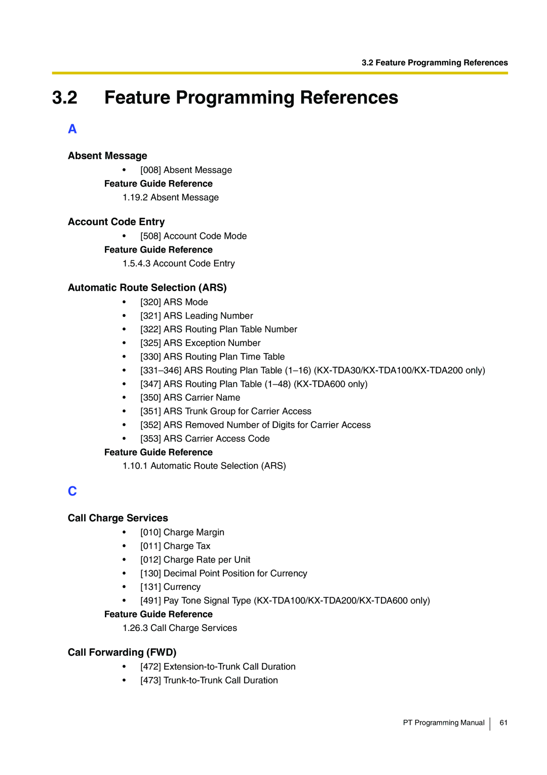 Panasonic KX-TDA200 manual Absent Message, Account Code Entry, Automatic Route Selection ARS, Call Charge Services 