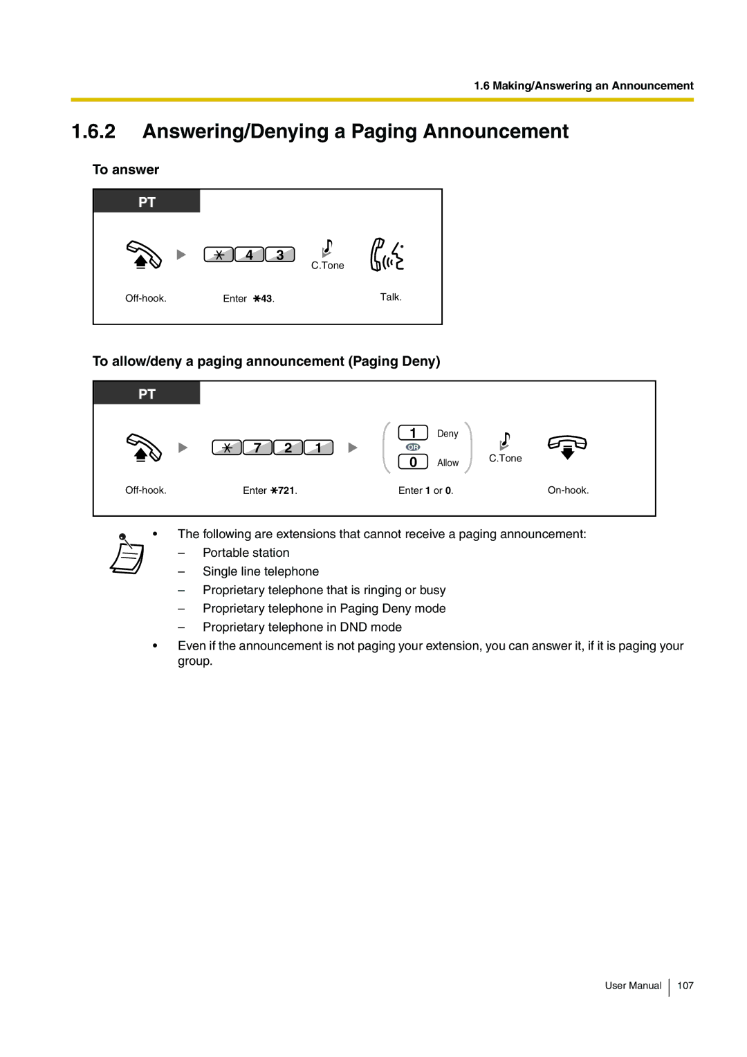 Panasonic KX-TDA200 user manual Answering/Denying a Paging Announcement, To allow/deny a paging announcement Paging Deny 