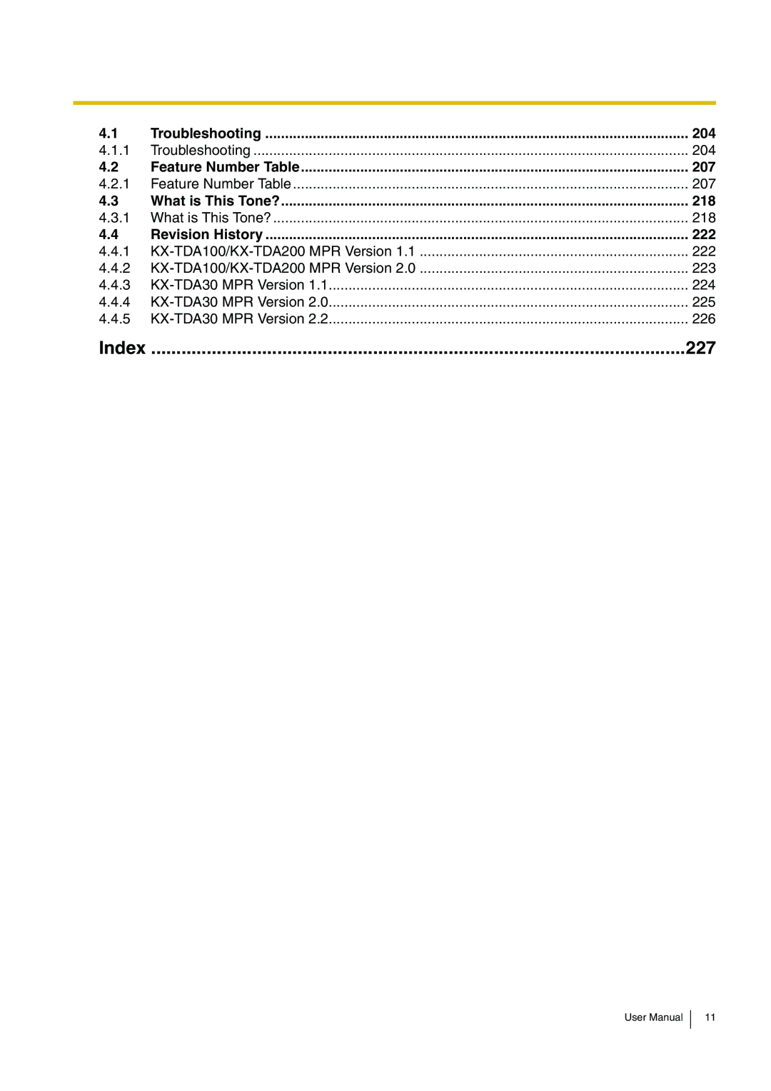 Panasonic KX-TDA200 user manual Troubleshooting 204, Feature Number, What is This Tone? 218, Revision History 222 