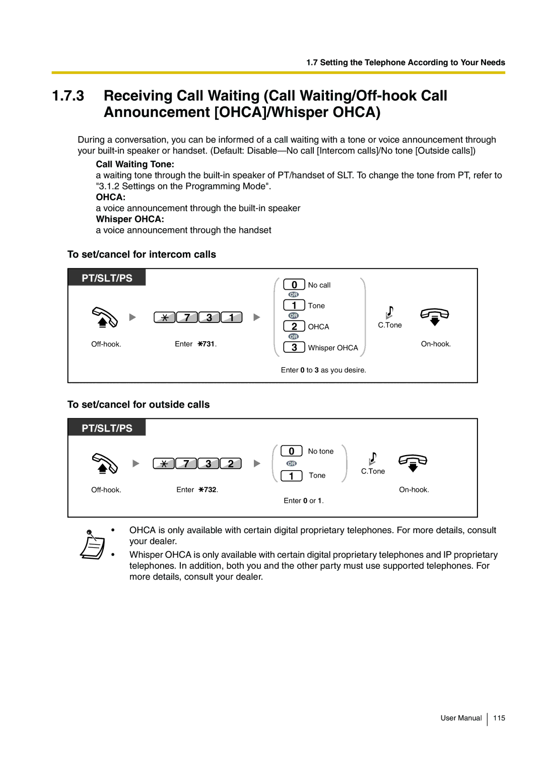 Panasonic KX-TDA200 To set/cancel for intercom calls, To set/cancel for outside calls, Call Waiting Tone, Whisper Ohca 