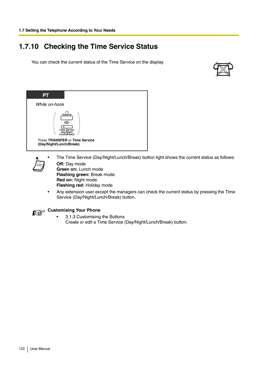 Panasonic KX-TDA200 user manual Checking the Time Service Status, Green on Lunch mode Flashing green Break mode 