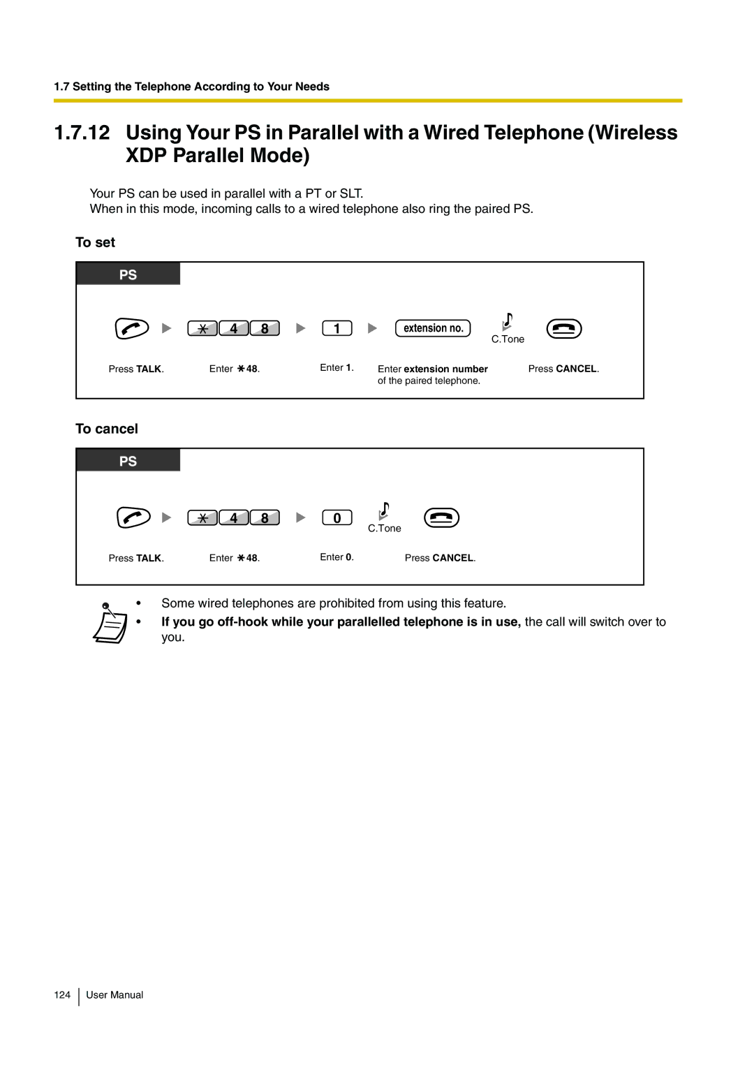 Panasonic KX-TDA200 user manual Some wired telephones are prohibited from using this feature 