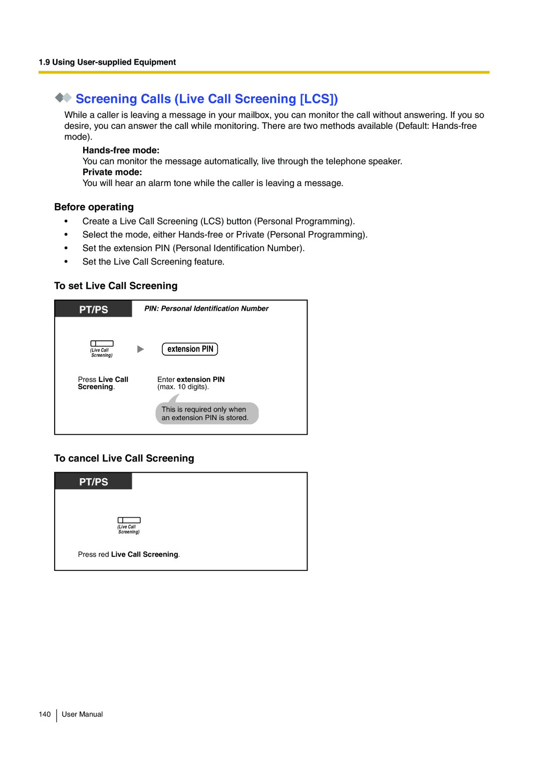 Panasonic KX-TDA200 user manual Screening Calls Live Call Screening LCS, Before operating, To set Live Call Screening 