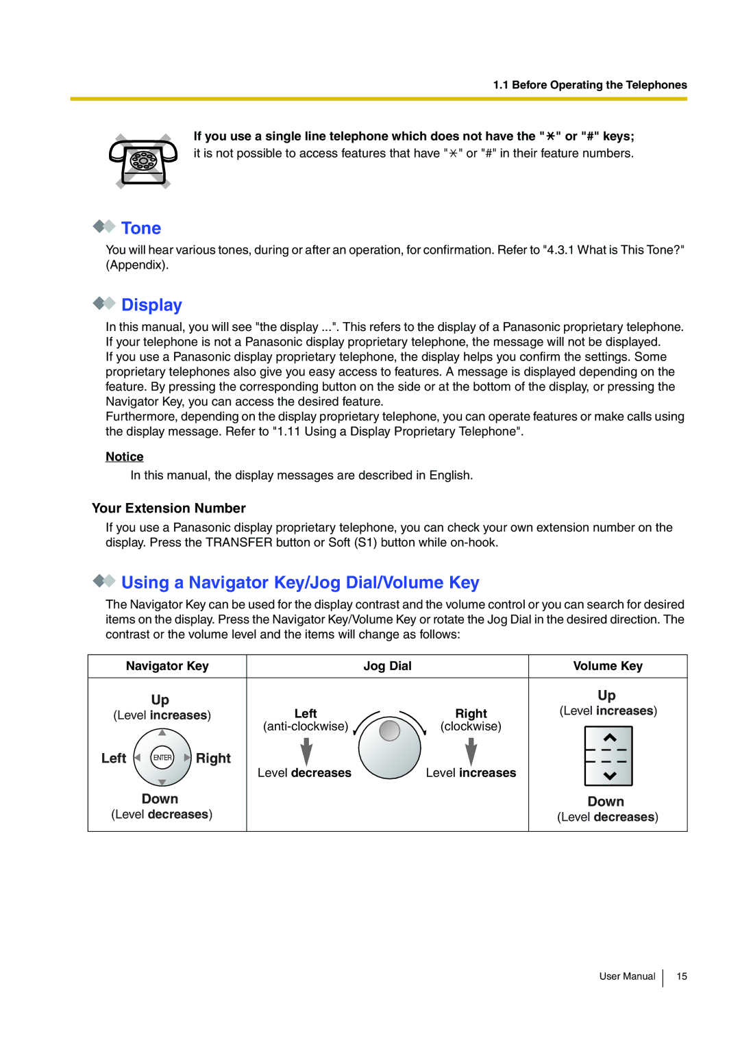 Panasonic KX-TDA200 user manual Tone, Display, Using a Navigator Key/Jog Dial/Volume Key, Your Extension Number 