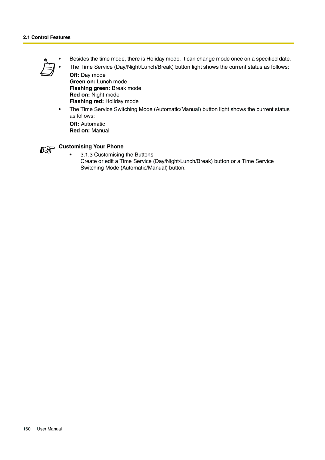 Panasonic KX-TDA200 user manual Green on Lunch mode Flashing green Break mode, Red on Manual Customising Your Phone 