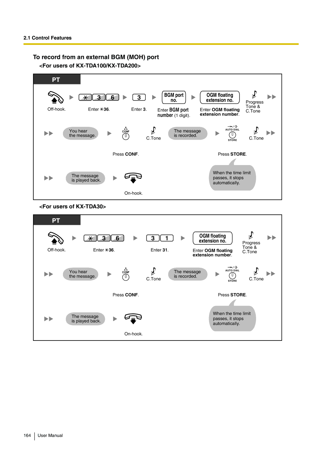 Panasonic KX-TDA200 user manual To record from an external BGM MOH port, Enter OGM floating C.Tone 