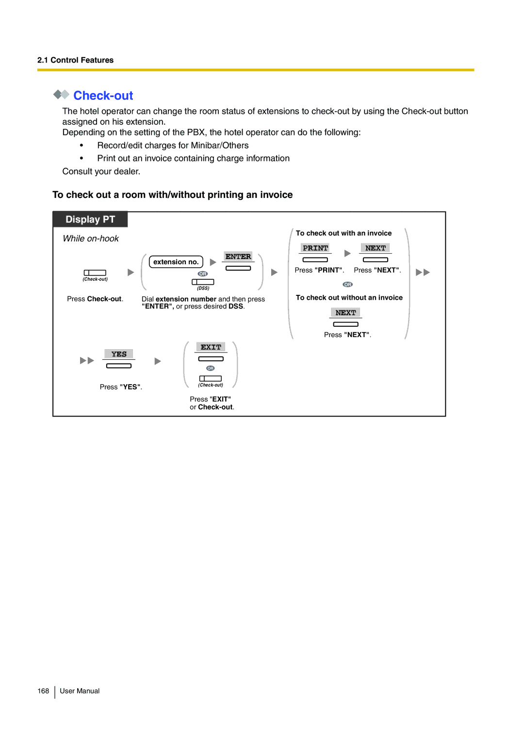 Panasonic KX-TDA200 user manual Check-out, To check out a room with/without printing an invoice 