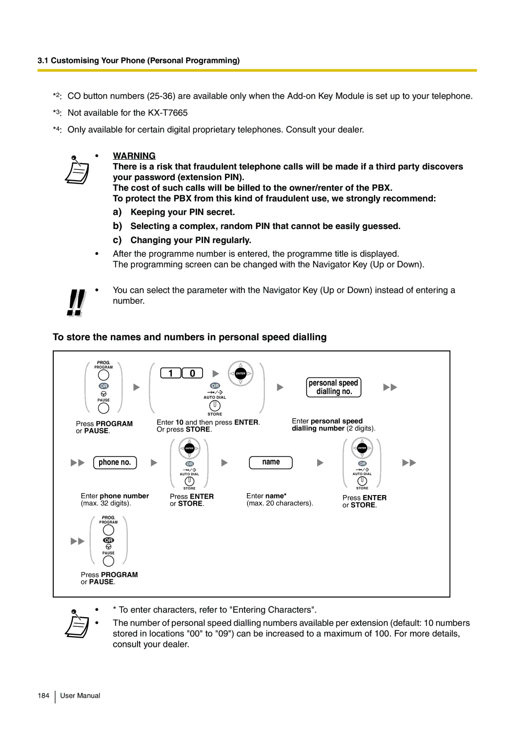 Panasonic KX-TDA200 user manual To store the names and numbers in personal speed dialling, ORname 