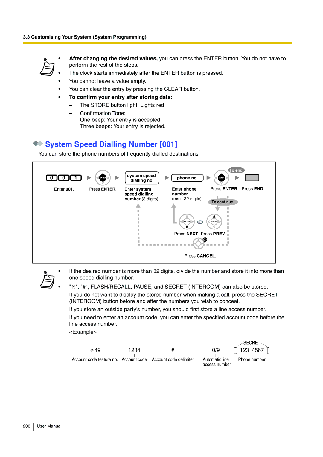 Panasonic KX-TDA200 user manual System Speed Dialling Number, To confirm your entry after storing data 