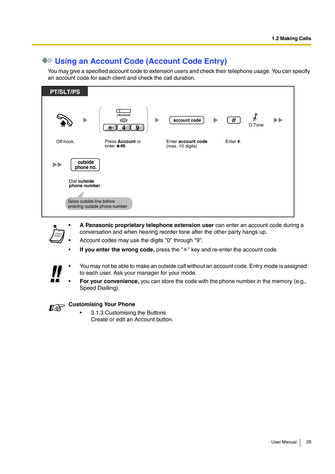 Panasonic KX-TDA200 user manual Using an Account Code Account Code Entry, Pt/Slt/Ps 