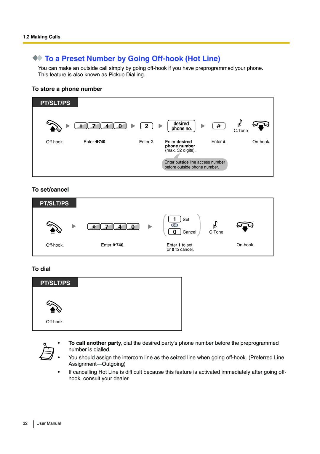 Panasonic KX-TDA200 user manual To a Preset Number by Going Off-hook Hot Line, To set/cancel, Desired Phone no 