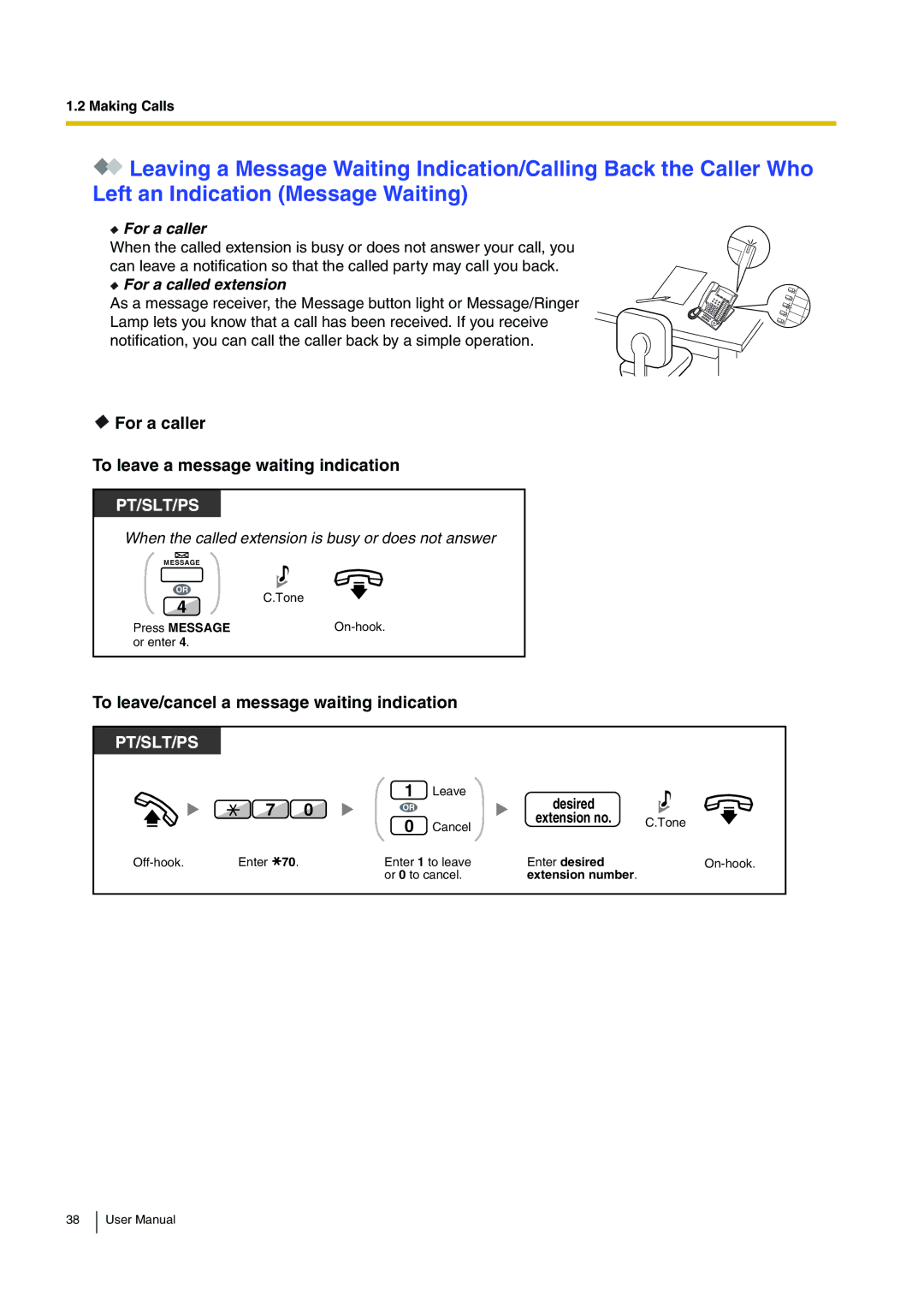 Panasonic KX-TDA200 For a caller To leave a message waiting indication, To leave/cancel a message waiting indication 