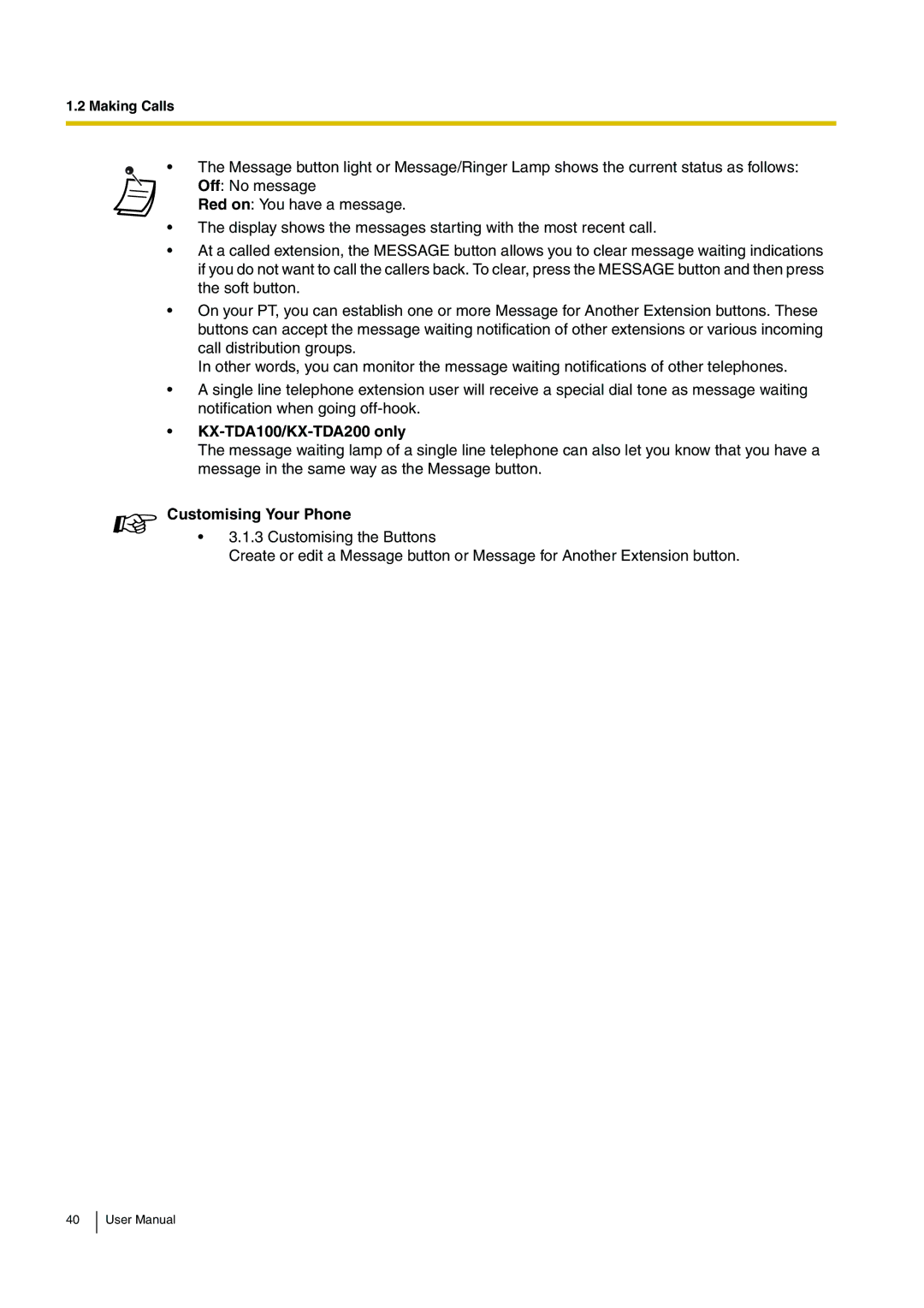 Panasonic user manual KX-TDA100/KX-TDA200 only, Customising Your Phone 