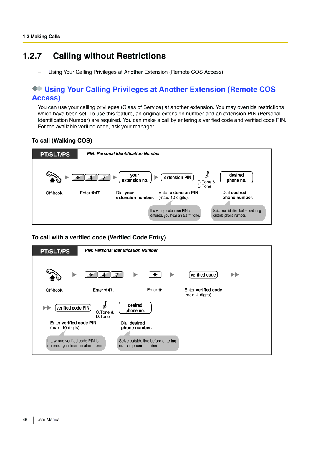 Panasonic KX-TDA200 Calling without Restrictions, To call Walking COS, To call with a verified code Verified Code Entry 