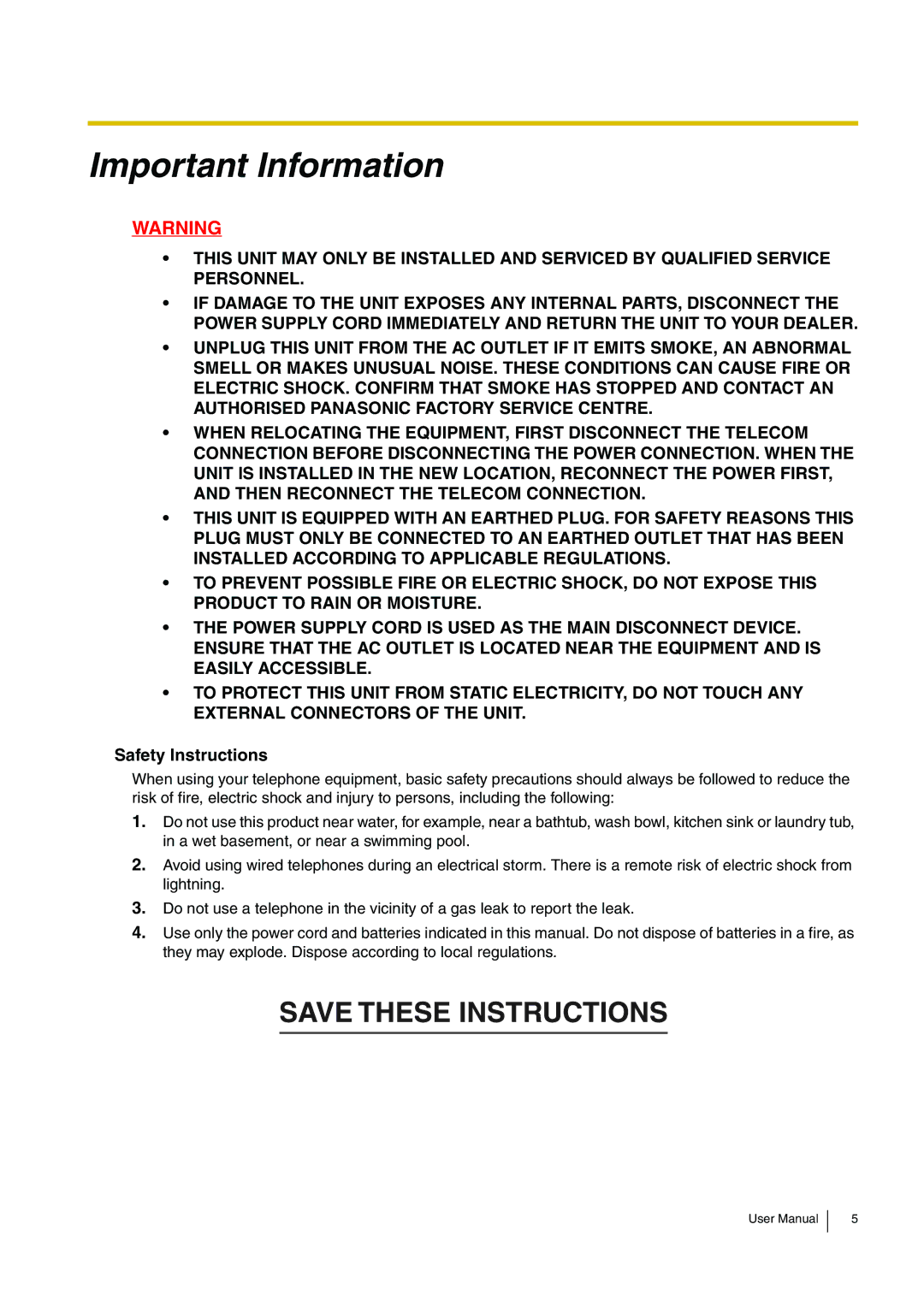 Panasonic KX-TDA200 user manual Important Information, Safety Instructions 