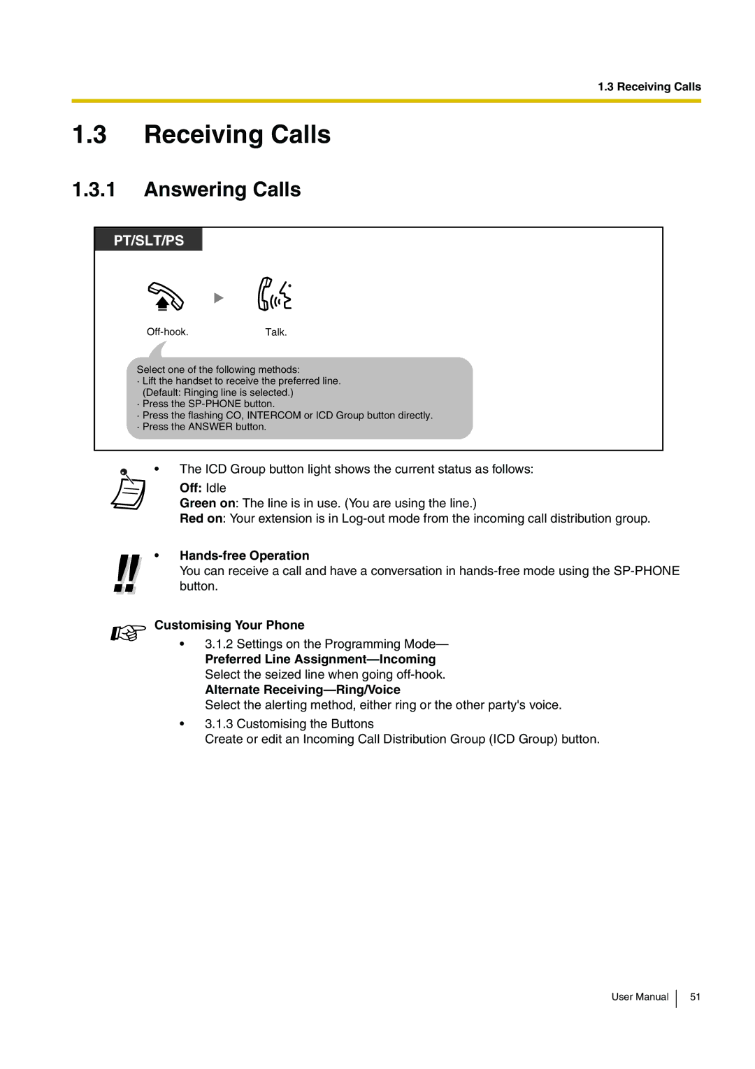 Panasonic KX-TDA200 user manual Receiving Calls, Answering Calls, Off Idle 