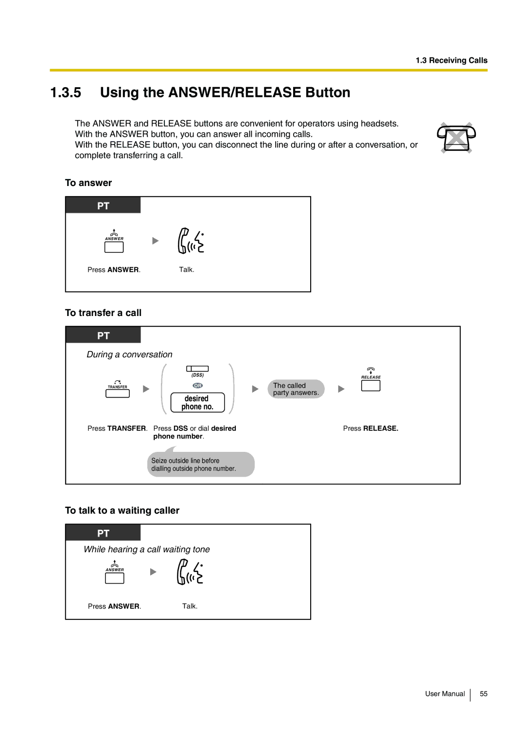 Panasonic KX-TDA200 user manual Using the ANSWER/RELEASE Button, To answer, To transfer a call, To talk to a waiting caller 