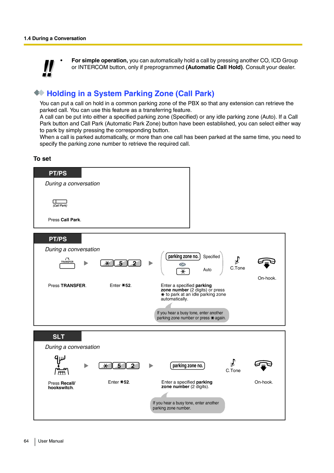 Panasonic KX-TDA200 user manual Holding in a System Parking Zone Call Park, To set, Parkingzoneno. Specified 