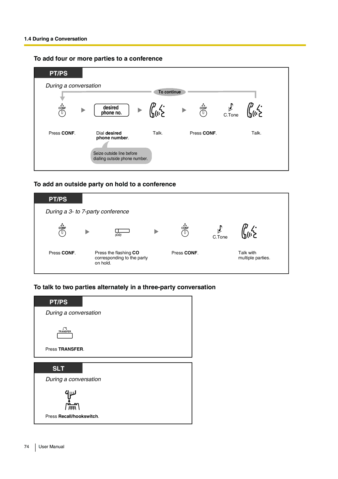 Panasonic KX-TDA200 To add four or more parties to a conference, To add an outside party on hold to a conference 